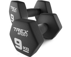 Trex Sport TX-090VD – Dumbells – Fitness Gewichten Set – Vinyl Coating – Zeshoekige Halters – Voor Thuisgym & Aerobics – 2 x 9 kg – Totaal 18 kg