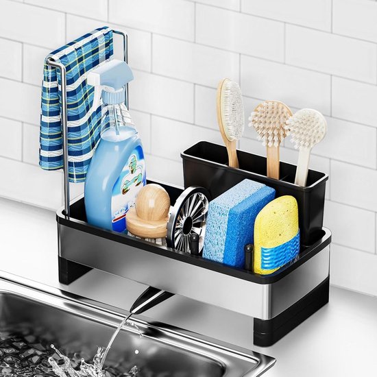 Spoelbak-organizer, roestvrij staal, 304, multifunctionele sponshouder, keukenorganizer, spoelbak, met automatische afvoerpan, afneembare scheidingswand, hoge borstelhouder, voor spons, borstel
