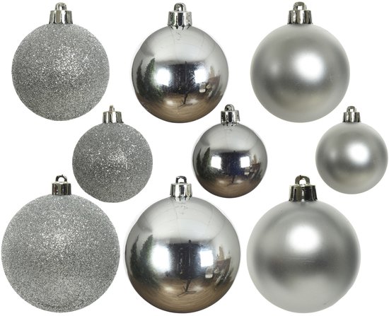 Kerstballen - 30x st - zilver - 4, 5, 6 cm - kunststof - mat-glans-glitter