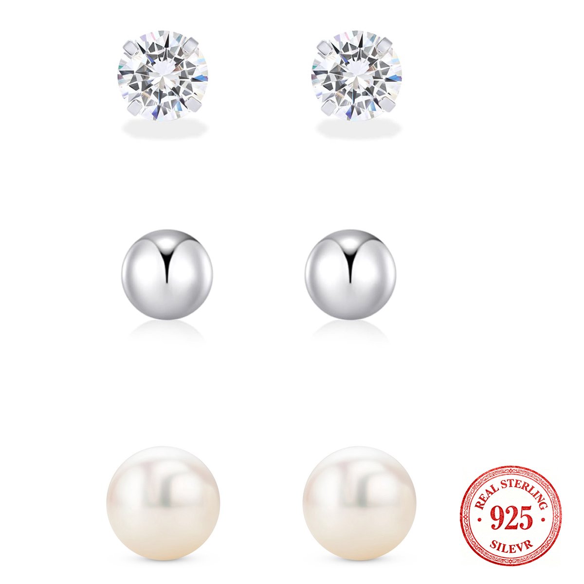 Oorbellen Set - Oorknopjes zilver dames - StudsOorbellen met Zirkonia Steen - Set van 3 paar - Zirkonia 5 mm & Ball 5mm & Parel 8mm - zilver 925