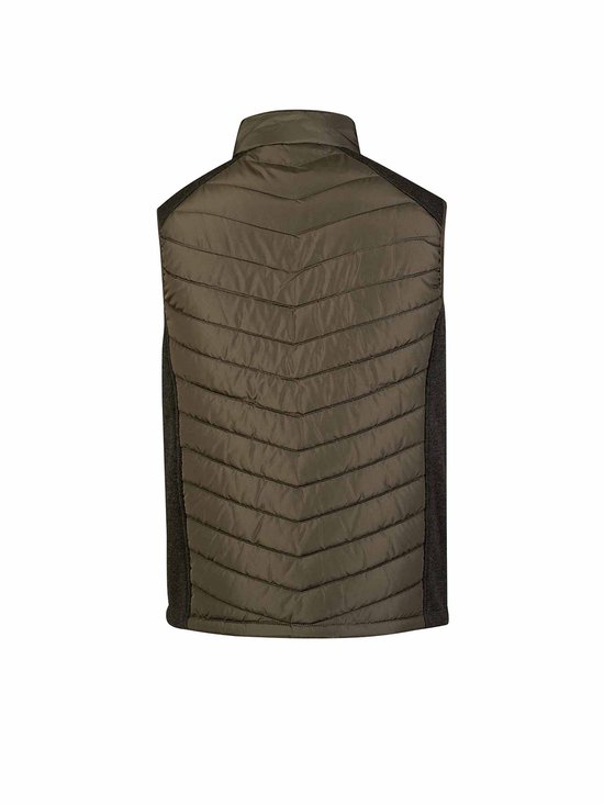 Achterkant van een olijfgroene gewatteerde bodywarmer met donkergrijs gebreide zijkanten, staand op een witte achtergrond.