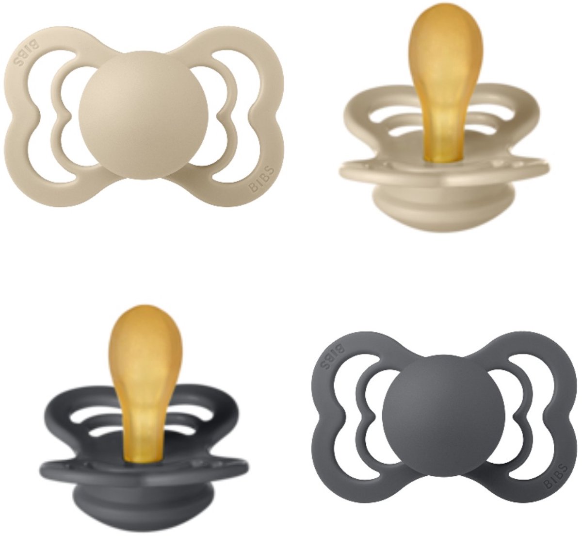 BIBS Supreme Fopspeen - Set 4 stuks - Maat 1 - 0/6 maanden - Natuur Latex – 2x Iron - 2 x Ivory