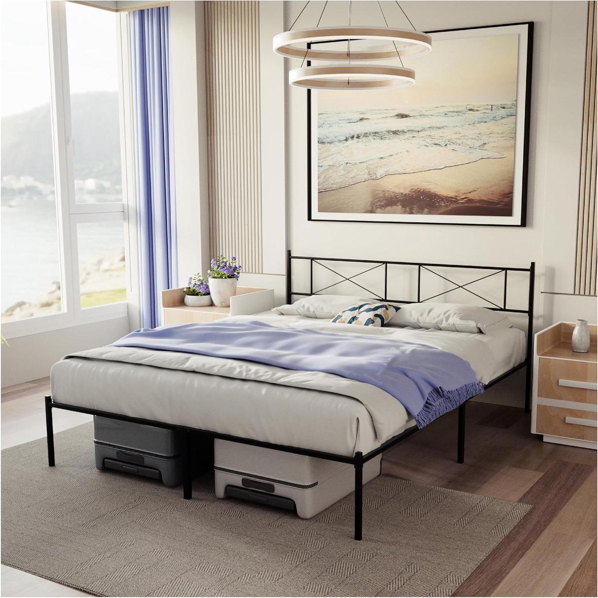 Provento Bedframe 140x190 inclusief Lattenbodem en Poten - Metalen Bed met Hoofdbord - Hoogte 35 cm - Gemakkelijke Montage en Opbergruimte Any