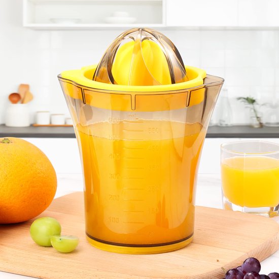 Citroenpers - Handmatige sapcentrifuge - Handmatige citruspers - Twee sapkoppen - Dubbele sapuitlaten - 600 ml - Snel en efficiënt persen - Antislipvoet - Geschikt voor het persen van citroenen en sinaasappels - Geel van Merkloos — afbeelding 3