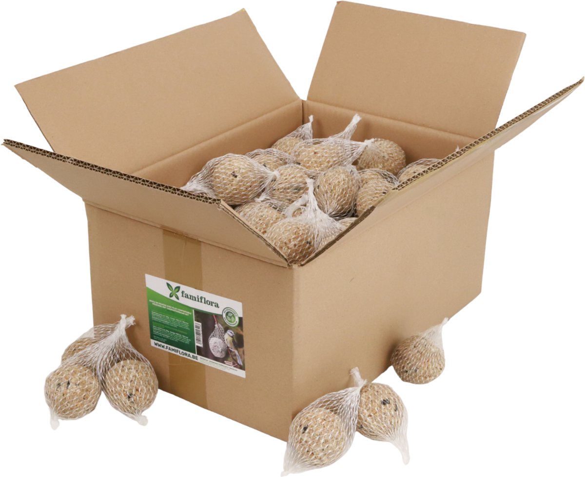 Famiflora mezenbollen 100x90g - BIO Afbreekbaar Net - Natuurvriendelijk Vogelvoer - 100 stuks van 90g per bol voor langdurige voorraad - Biologisch afbreekbaar net: veilig en milieuvriendelijk