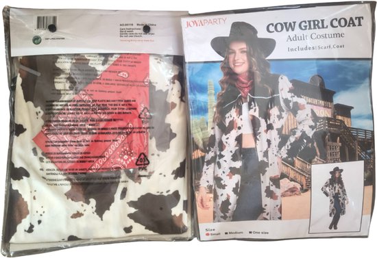 Ensemble de Déguisement Cowgirl Femme Joya Party® | Veste Western avec Imprimé Vache & Franges | Foulard Cowboy Rouge Inclus | Tenue de Cowgirl Carnaval | Costume Chaud Femme | Taille S/M