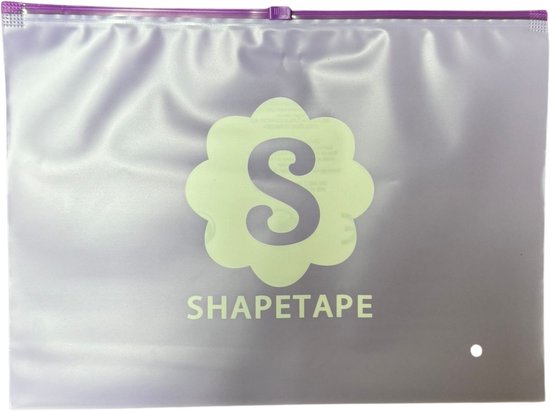 Lichtpaarse, doorschijnende pouch met ritssluiting en een lichtgroen logo met de letter 'S' en 'SHAPETAPE'.