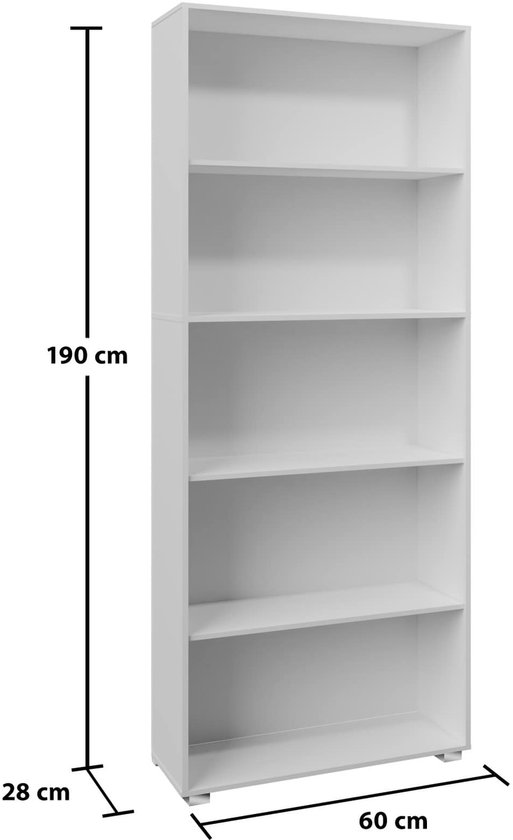CASARIA Bookcase 5 compartments 190x60x28cm Height adjustable shelves Wood Open Modern Freestanding Study Room Office Living Room Open Cabinet Vela White