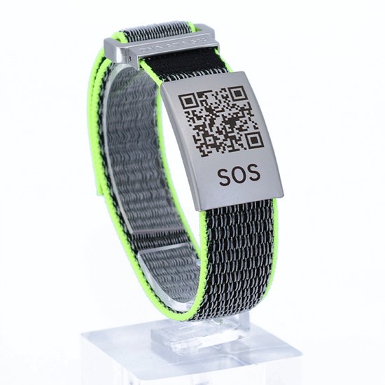 DynaTag SOS Armband Medische Armband met QR-code - Textiel Grijs/Neongeel - Volwassenen en Kinderen