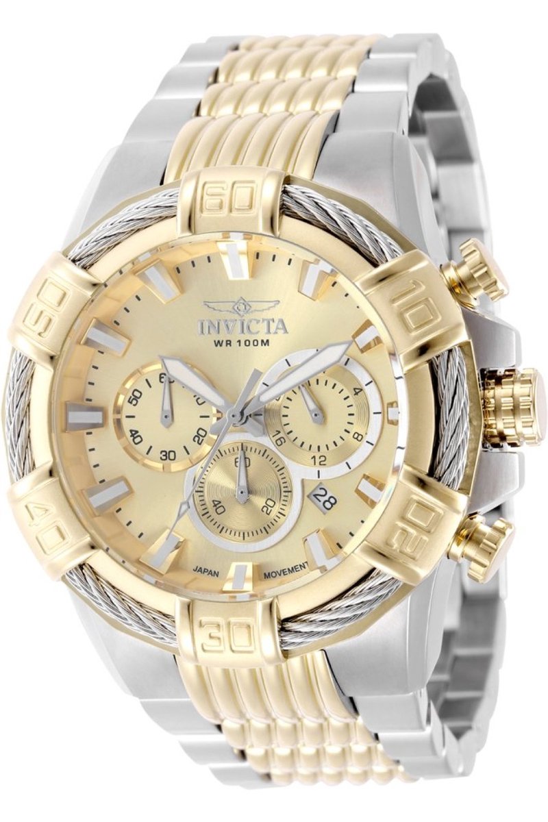 Invicta Bolt 49902 Heren Horloge - Waterdicht - Analoog - Quartz Uurwerk - Roestvrij Staal met gouden Wijzerplaat - 51mm