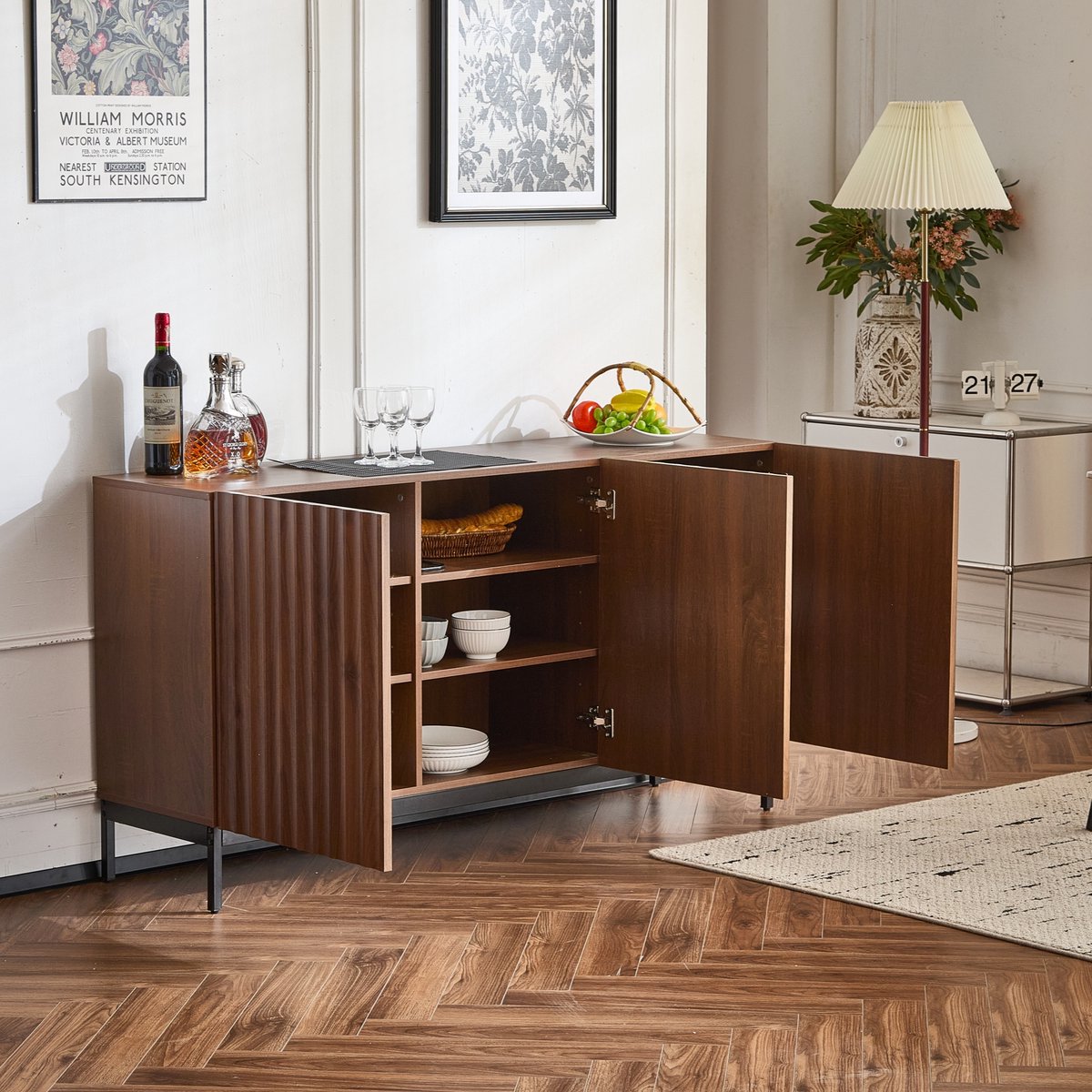 OKWISH Dressoir – Golvend 3D-Design – Met Deuren – Met Verstelbare Planken – 150x40x80 cm – Anti-Kantel – Multifunctioneel Woonkamer – MDF Donkerbruin