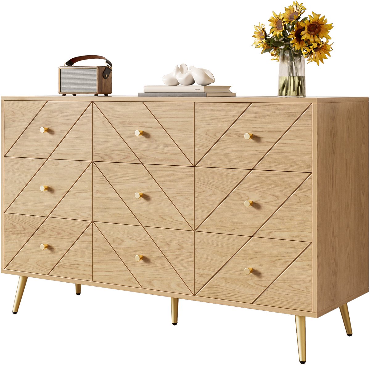 Clruro Moderne 9-Laden Commode-Met IJzeren Poten-Stijlvolle Opberglossing voor Slaapkamer, Woonkamer en Hal-Robuuste PB Constructie met Geometrisch Design-Wit Natuurlijk