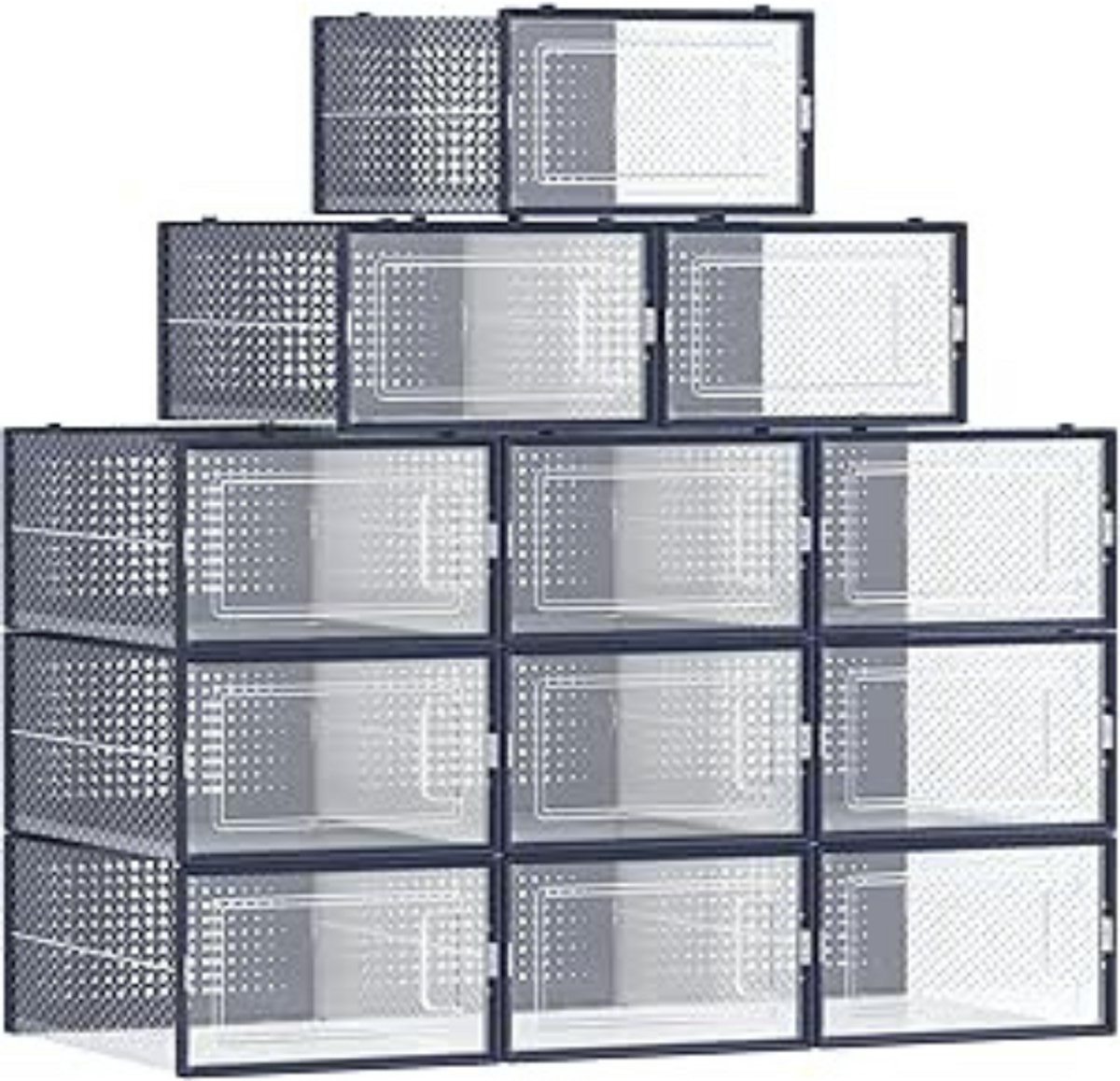 BOG Set Van 12 Schoenendozen Transparant Antraciet Blauw – Opvouwbare En Stapelbare Schoenorganizer Voor Schoenen Tot Maat 44 – Praktische Bewaaroplossing GRIJS