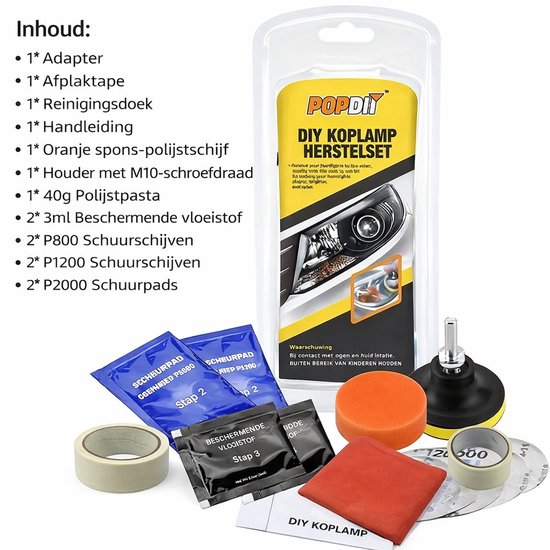 Inhoud van de koplamp restauratieset met adapter, polijstschijven, polijstpasta en reinigingsdoek.
