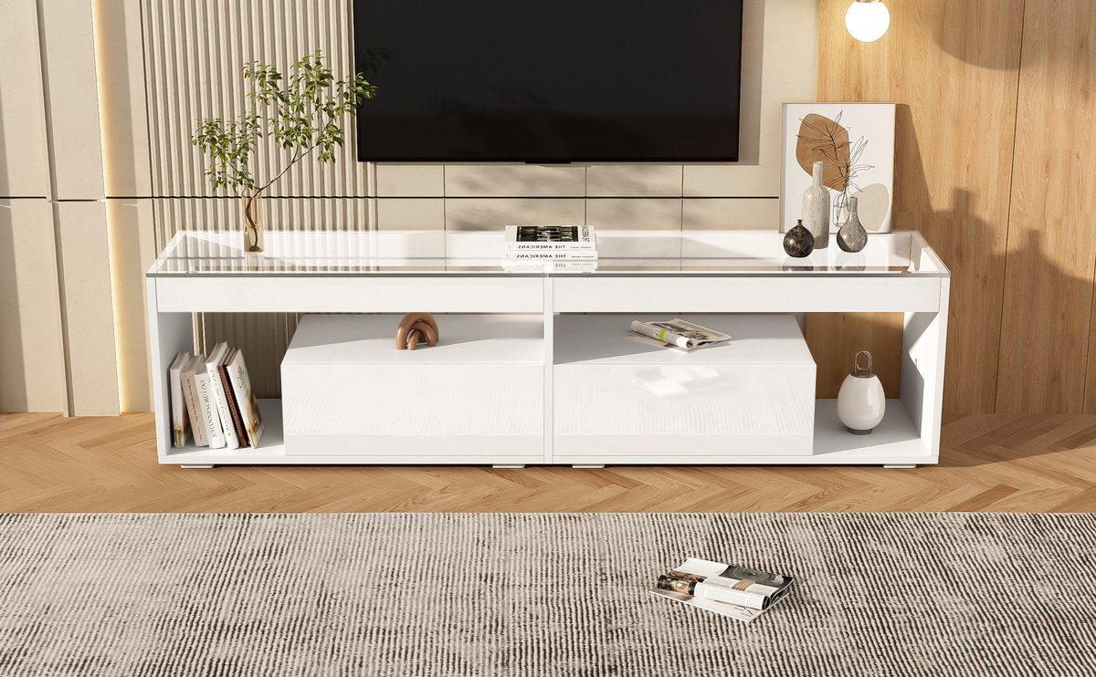 REDOM TV-meubel 180x40x46 cm van spaanplaat en gehard glas, hoogglans wit met LED en 2 lad