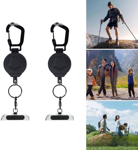 Zwarte telefoonhouder met karabijnhaak en sleutelring, ideaal voor reizen en wandelen.