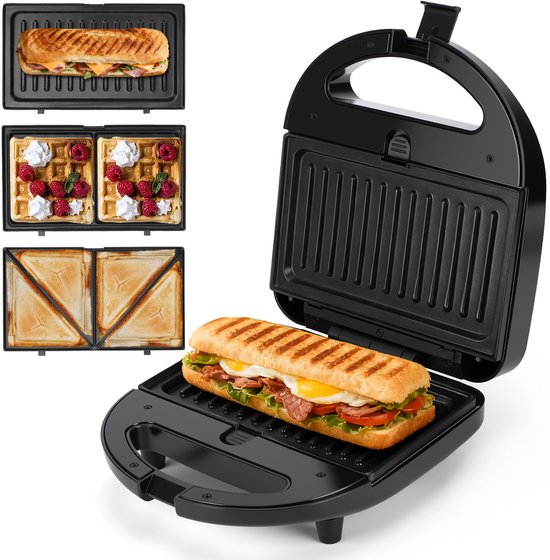 Zwarte contactgrill met een opengeklapte klep en een belegd broodje erin. Ernaast kleine afbeeldingen van een tosti, wafels en twee tosti's.
