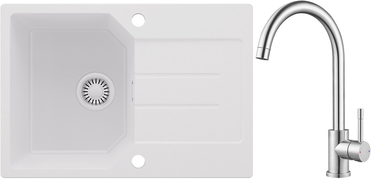 Anycee MAX Granieten Spoelbak 65x45CM - Spoelbakken Keuken Wit - Wasbak Keuken Met Keukenkraan - Spoelbak Met Planchet en Afdruiprek - Spoelbakken Incl. Sifon en Afvoerzeefje