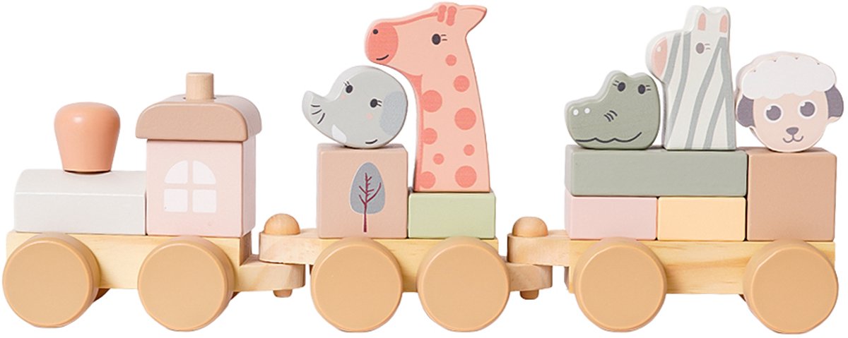 Speelgoedtopdeals - Houten Trein Wilde Dieren Pastelkleur - Stapelblokken – Voertuig - Locomotief - Montessori Educatief Speelgoed