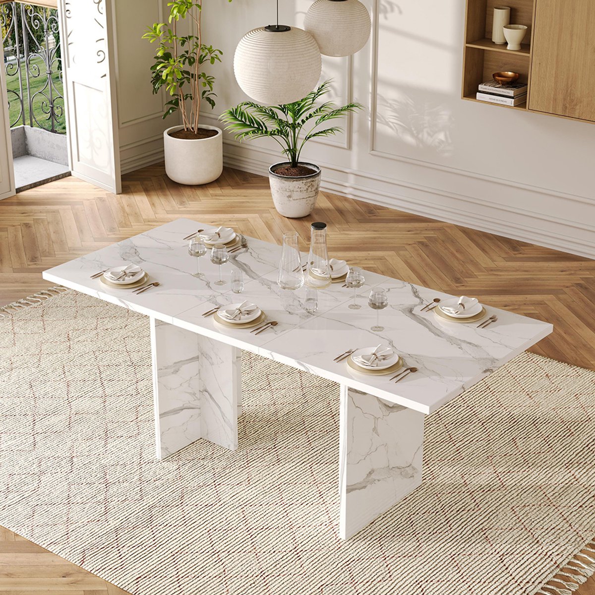BLACKCOLORS Uitschuifbare tafel, 140/180*80 cm, geschikt voor 6-8 personen, rechthoekig, dik tafelblad, eenvoudige stijl, tafel voor eetkamer, keuken, woonkamer, wit marmer