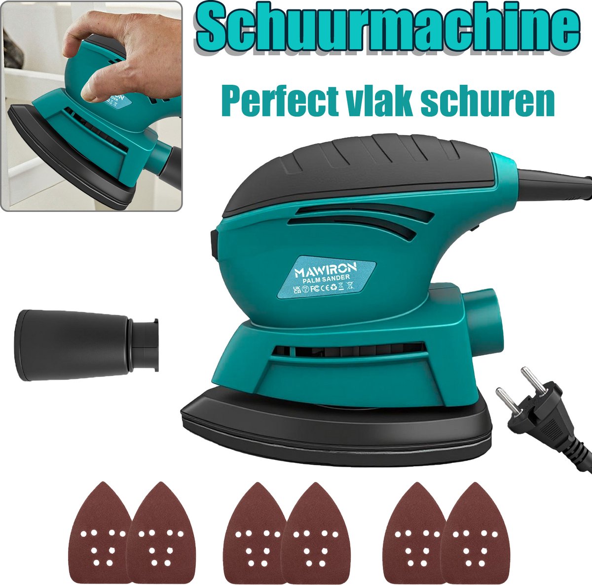 Elektrische orbitschuurmachine voor hout: Schuurmachine met stofafzuiger, 6 stuks schuurpapier, variabele snelheid 14.000 tpm, handgereedschap, geschikt voor houtbewerking/schuren