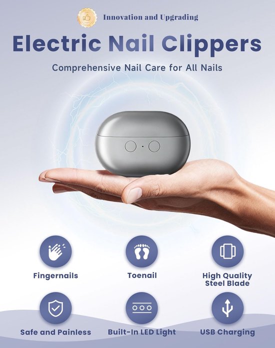 Zwarte elektrische nagelknipper in een handpalm, met iconen voor vingernagels, teennagels en USB-opladen.