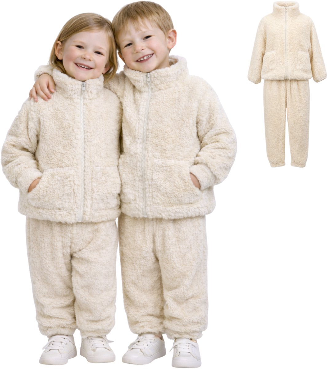 Joya Kids® Teddy Fleece Set Kinderen Crème | 2-delige Joggingpak Winter | Zachte Warme Kinderkleding | Vest met Rits & Broek | Unisex | Maat 120 | 4-5 Jaar