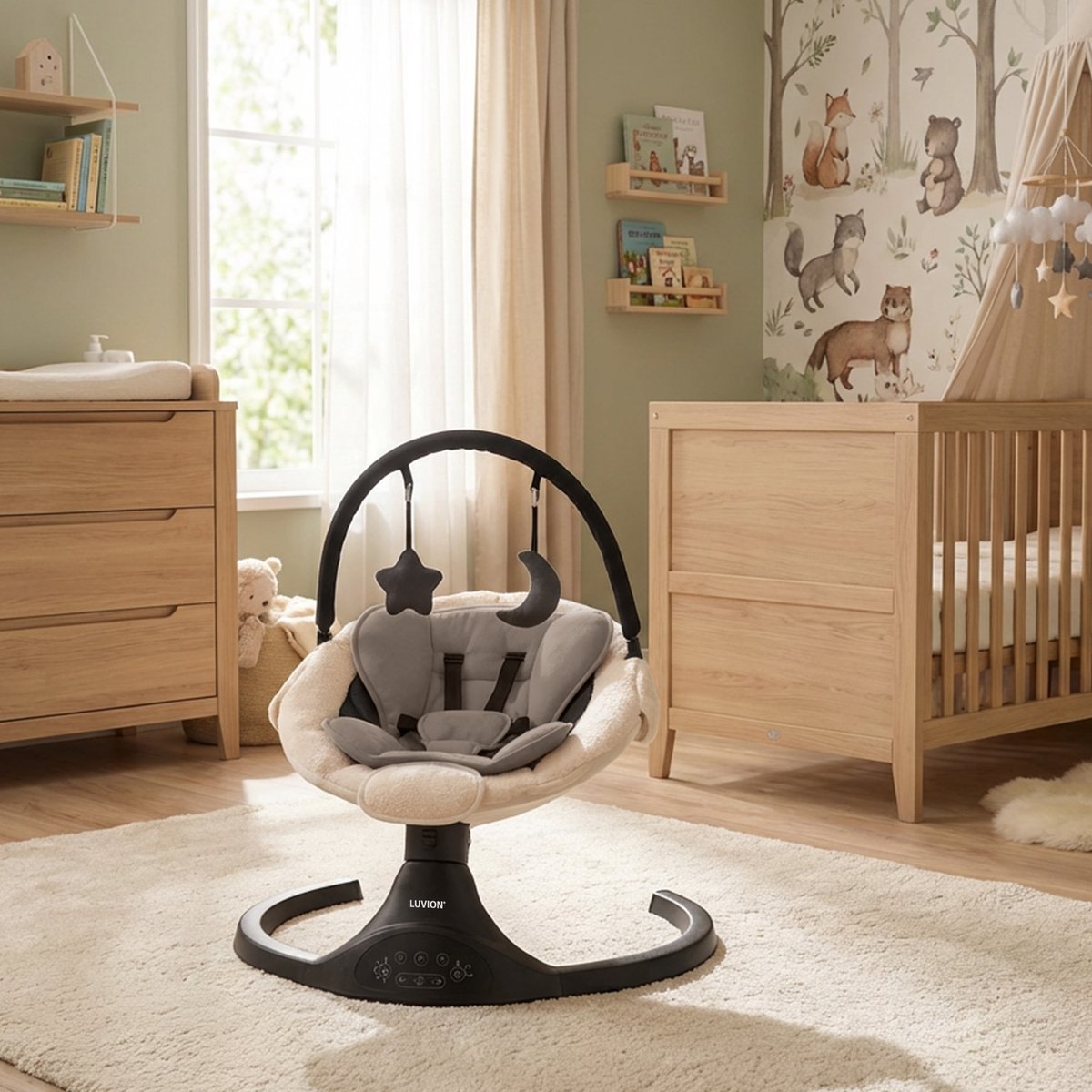 LUVION® Baby Swing Beige - Elektrische Babyschommel - Automatische Wipstoel voor je Baby - Schommelstoel - Babyswing - Uitneembare Wasbare Wipstoelhoes — afbeelding 4