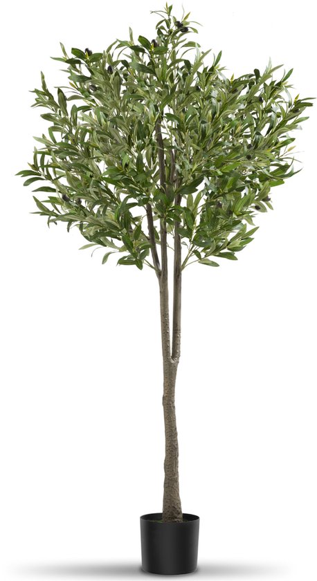 tectake® Kunstmatige Olijfboom Oleand – Mediterrane Kunstplant met Realistische Bladeren en Olijven – Onderhoudsvriendelijk en Veelzijdig – Inclusief Stevige Bloempot – Hoogte: 150 cm