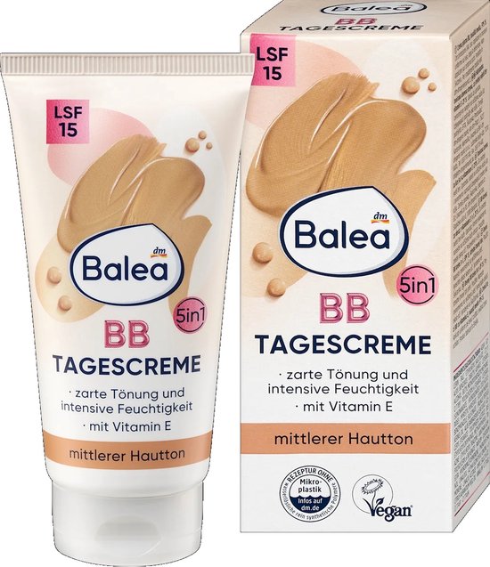 Balea BB Tagescreme in medium huidskleur met LSF 15. De tube toont applicaties van crème.