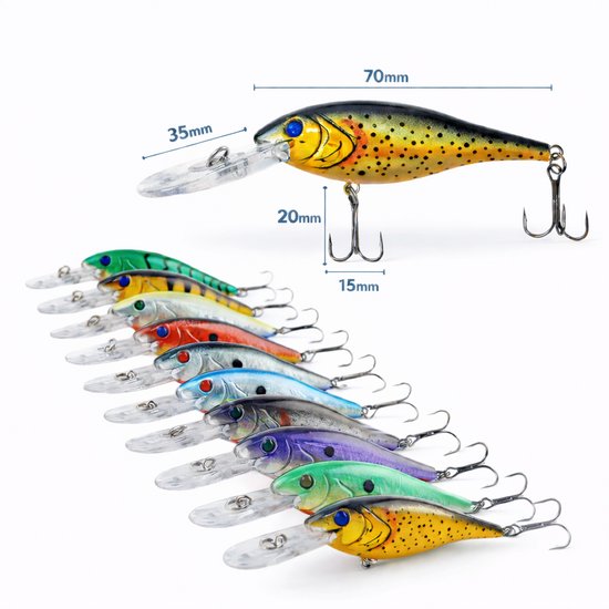 S&D | Set de Leurres 10 pièces – Crankbait / Minnow | 9 cm 10 g | Revêtement 3D pour poissons prédateurs | Hameçon triple double