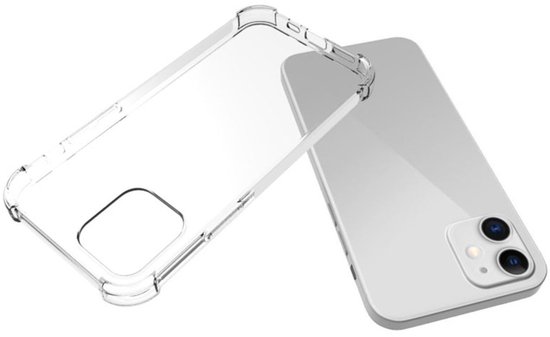 Coque antichoc transparente à côté d'un téléphone avec deux appareils photo, couleur argentée.