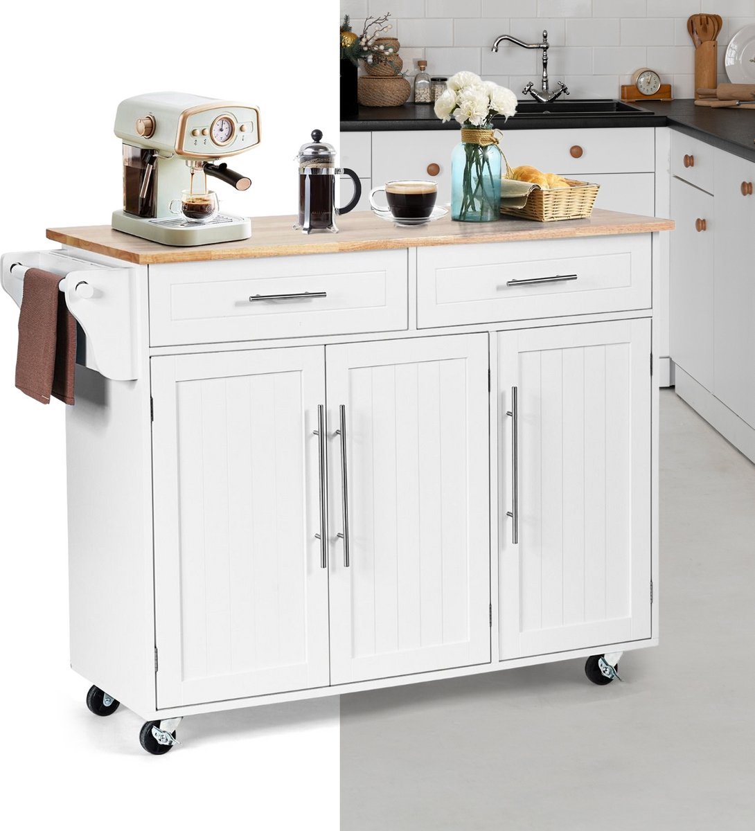 Keukeneiland - Verplaatsbaar - Keukenkast - Dressoir - Organizer - Kasten - Houten Werkblad - Lade - Wit