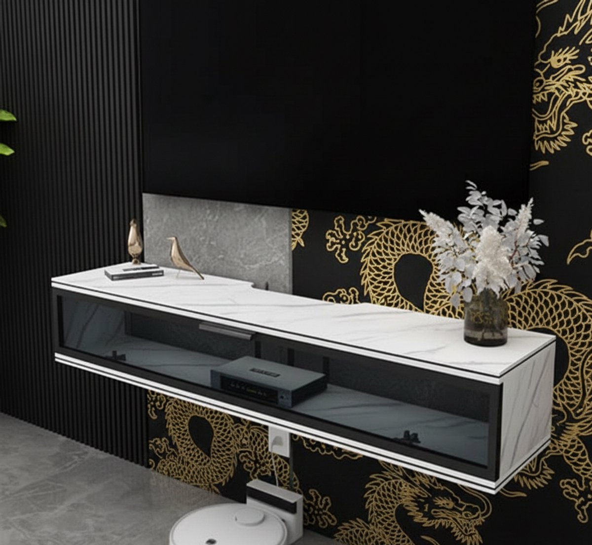 TV Meubel Wandmontage Zwevend met Glazen Klepdeur & Opbergruimte – Solid Wood Floating TV Kast voor Woonkamer – House&Garden