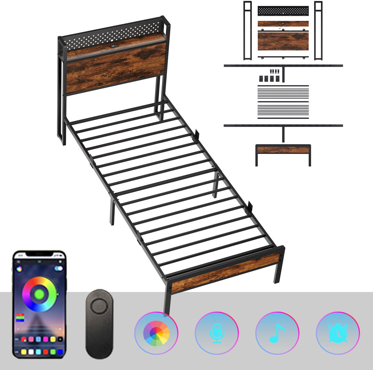 KUTAS Metalen Bedframe - Eenpersoonsbed 90x200 cm - Minimalistisch Bedframe - Stevig - Stil - Anti Slip - Met LED Verlichting - Stopcontacten - USB Poorten - Type C - Hoofdbord met Opbergruimte Zwart