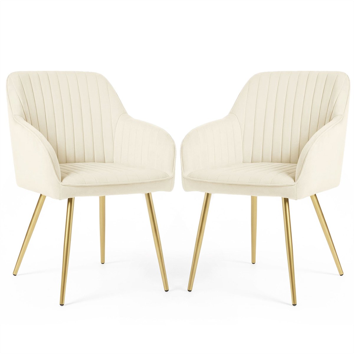 Set van 2 Eetkamerstoelen FLORENCE met Armleuningen / Gestoffeerde Stoelen / Fluwelen Stoelen en Metalen Poten / Crème kleur met gouden benen