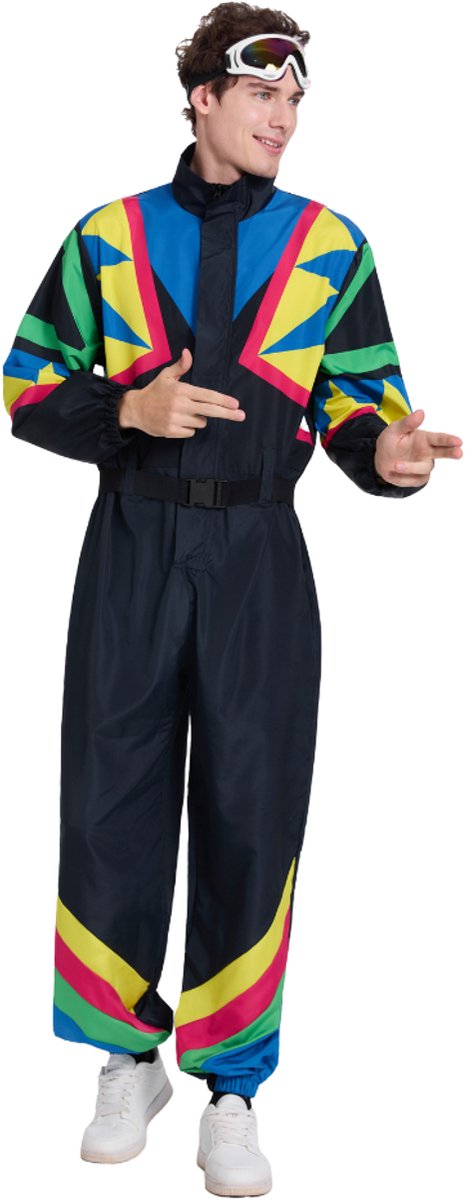 Joya Party® Retro Skipak Zwart Heren | Carnavalskleding | Verkleedkleren | Vintage Ski Pak Carnaval | Jaren 80/90 Verkleedpak Volwassenen | Foute Skipakken | Compleet met Skibril & Riem | Warm One Piece Kostuum | Verkleedkleding Man | Maat M/L