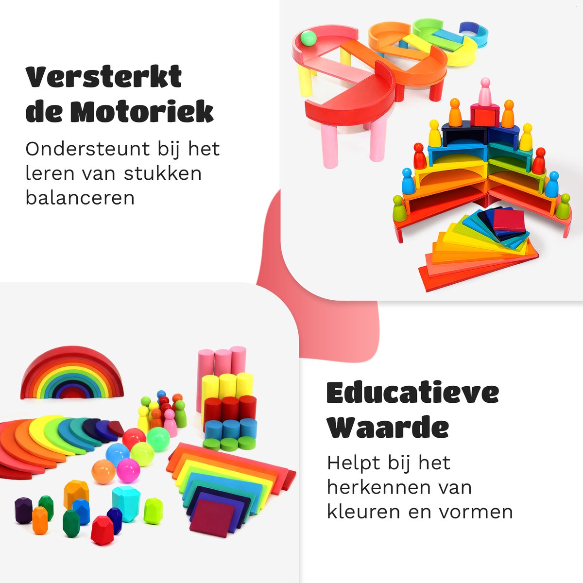 EverGoods XL Regenboog Speelgoed - Montessori Speelgoed- Educatief Speelgoed - Sensorisch Speelgoed - Houten Blokken - Stapelstenen - Incl. Opbergzakje — afbeelding 3
