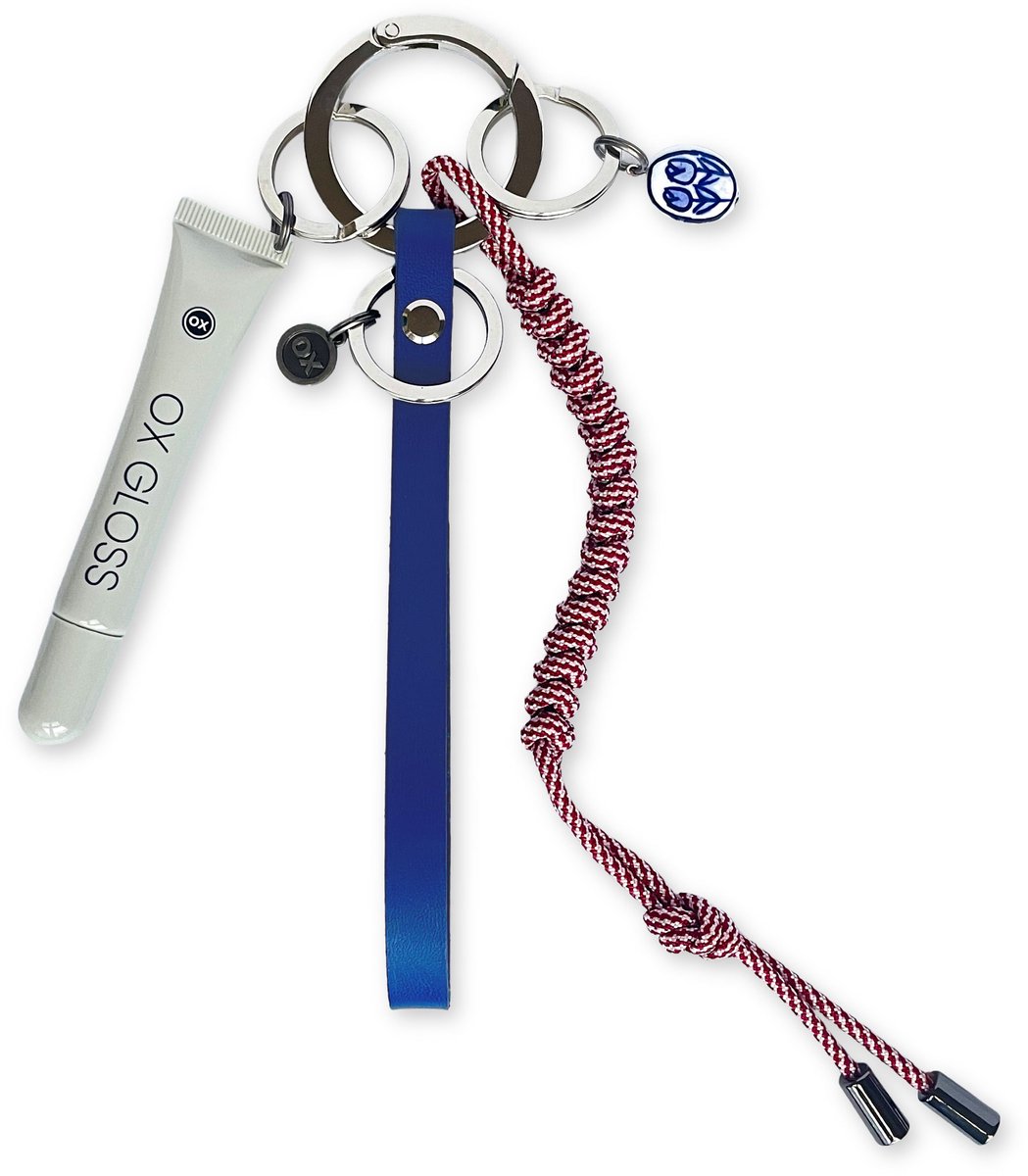 OX Originals - Tassenhanger - Sleutelhanger - Bag Charm - Met Polsband, Lipgloss en Porceleinen Tulp Bedel - Royal Blue - Chroom