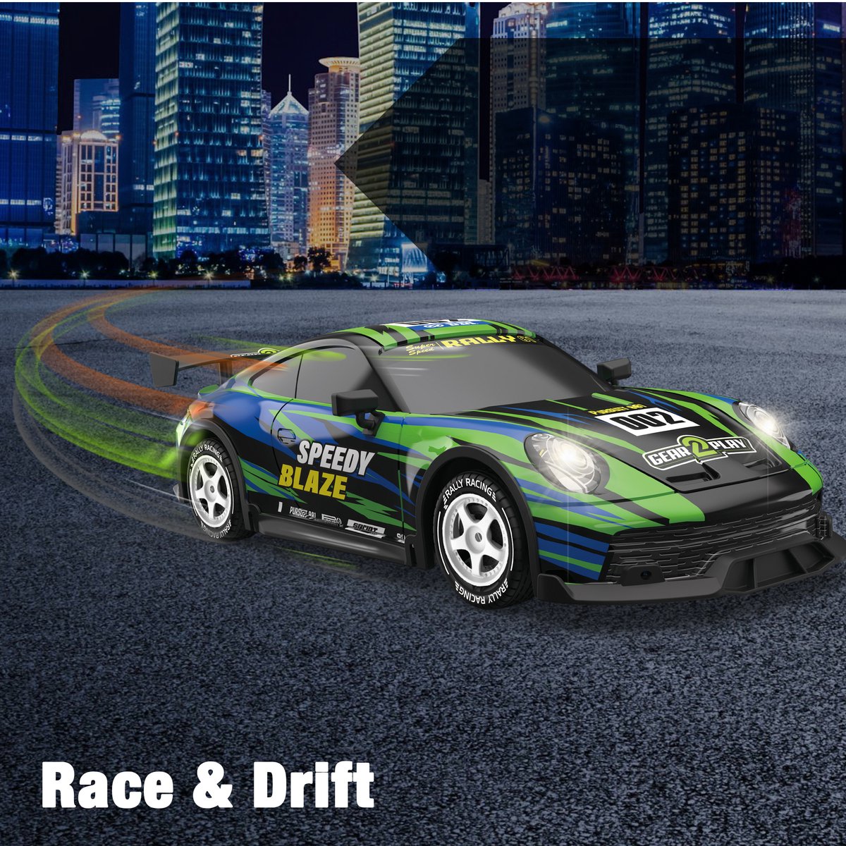 Gear2Play Speedy Blaze RC Auto 1:16 – Drift Auto met Licht & Geluid – Inclusief Oplaadbare batterij en extra set Banden — afbeelding 2