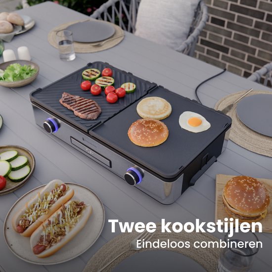 KitchenBrothers Elektrische Grillplaat - Bakplaat met Temperatuurregeling - Plancha - Gourmet - Tafelgrill - 2400W - 30,5x52 cm - RVS/Zwart — afbeelding 3