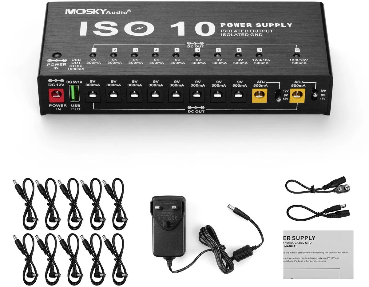 MOSKY - Voeding voor Gitaar Effectpedaal - 10 Geïsoleerde DC Uitgangen - 5V USB en Aanpasbare Spanning - Gitaar Accessoires - Voor Gitaristen - Model ISO-10