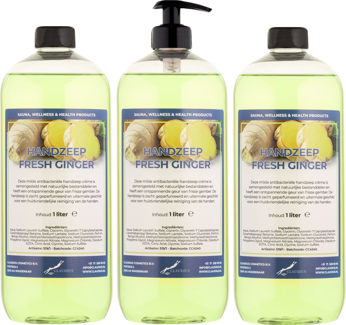 Goedkoopste Handzeep Fresh Ginger 1 liter - met gratis pomp - set van 3 stuks