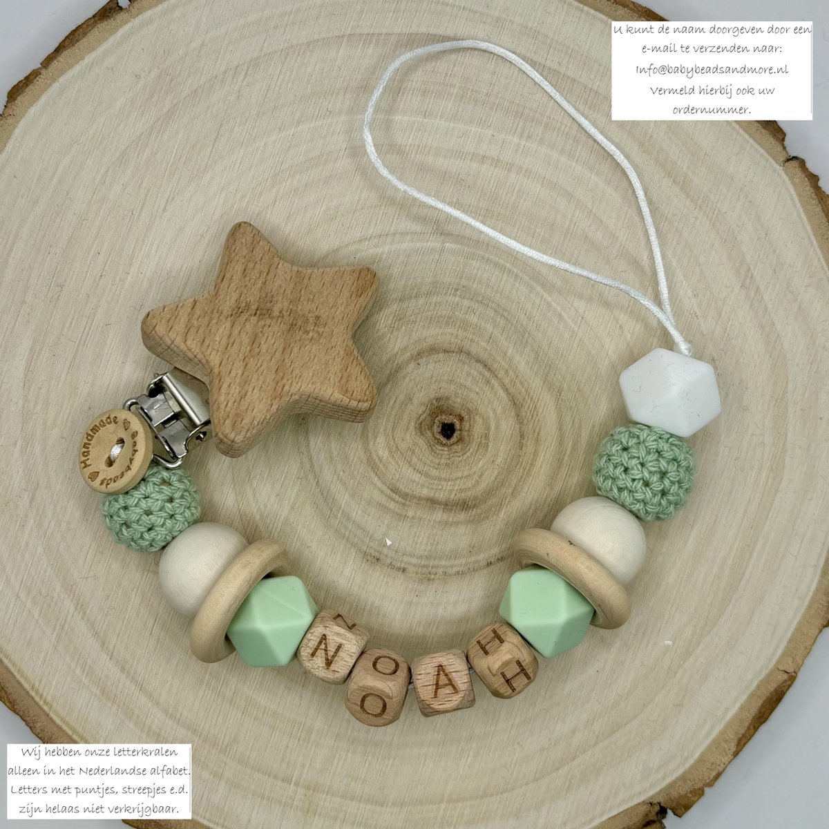 Goedkoopste Babybeads- Speenkoord met naam - Mintgroen, wit, hout - Gepersonaliseerd kraamcadeau - Mooi ingepakt!