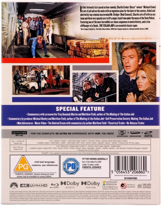 Achterkant van de "The Italian Job" 4K UHD + Blu-ray boxset, met filminformatie, recensies en logo's.
