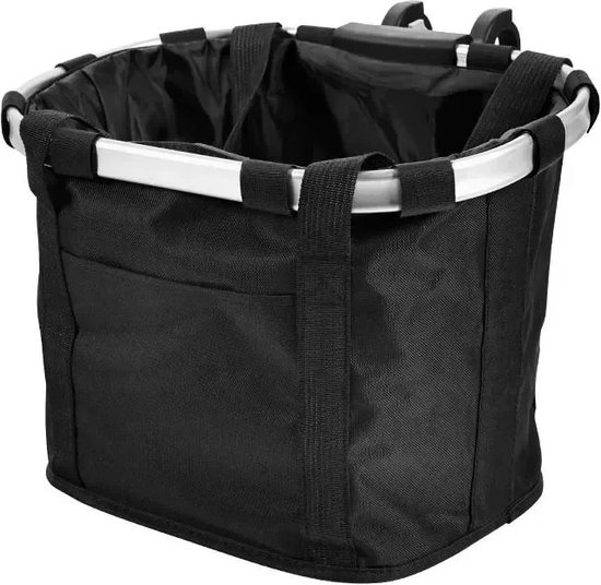 Panier de vélo noir avec dessus ouvert et cadre en aluminium.