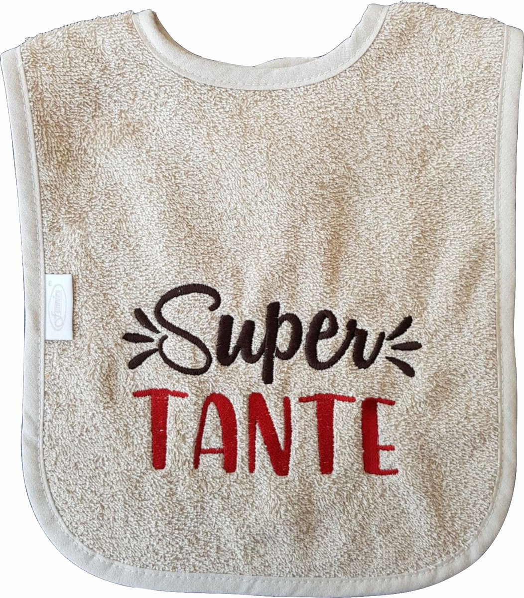 Goedkoopste Crème slab met Super Tante - kraamcadeautje, cadeautje, babyshower, verjaardag, nieuwtje, slabbetje, slabbertje, slabje, bruin, beige