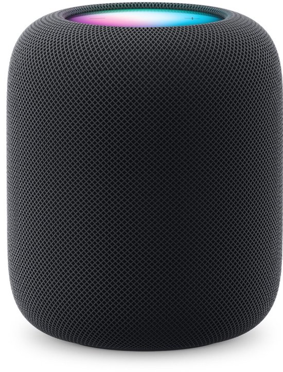 Zwarte HomePod met gekleurde lichtjes aan de bovenkant.