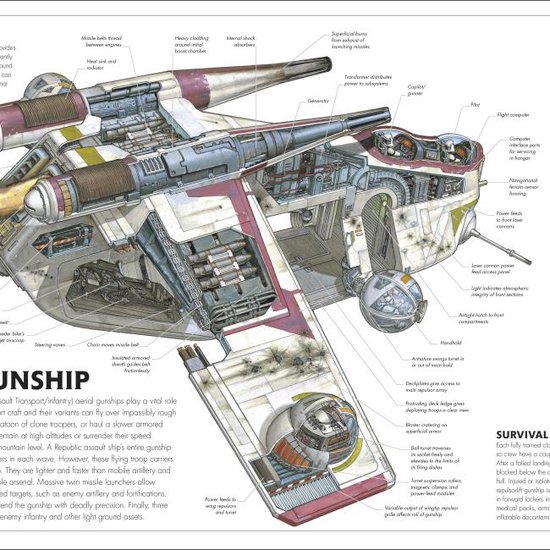 Een grijze en witte gunship met rode accenten, met duidelijke vleugels en motoren, dwarsdoorsnede zichtbaar.