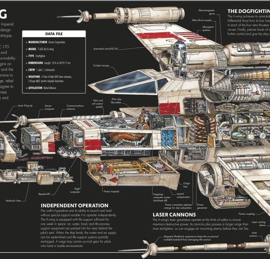 Gedetailleerde dwarsdoorsnede van een X-wing sterrenvechter, wit met rode en blauwe accenten, cockpit zichtbaar.